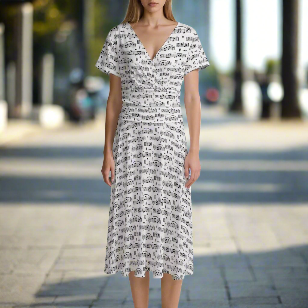 Music Notes White V-Neck Midi Dress