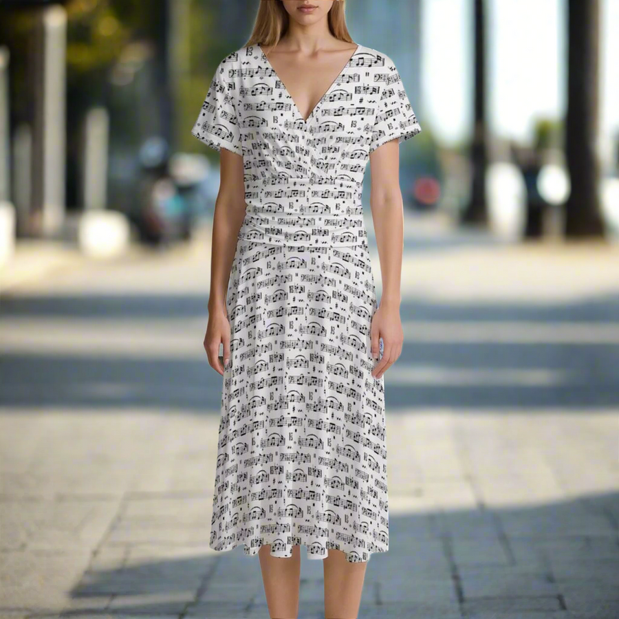 Music Notes White V-Neck Midi Dress