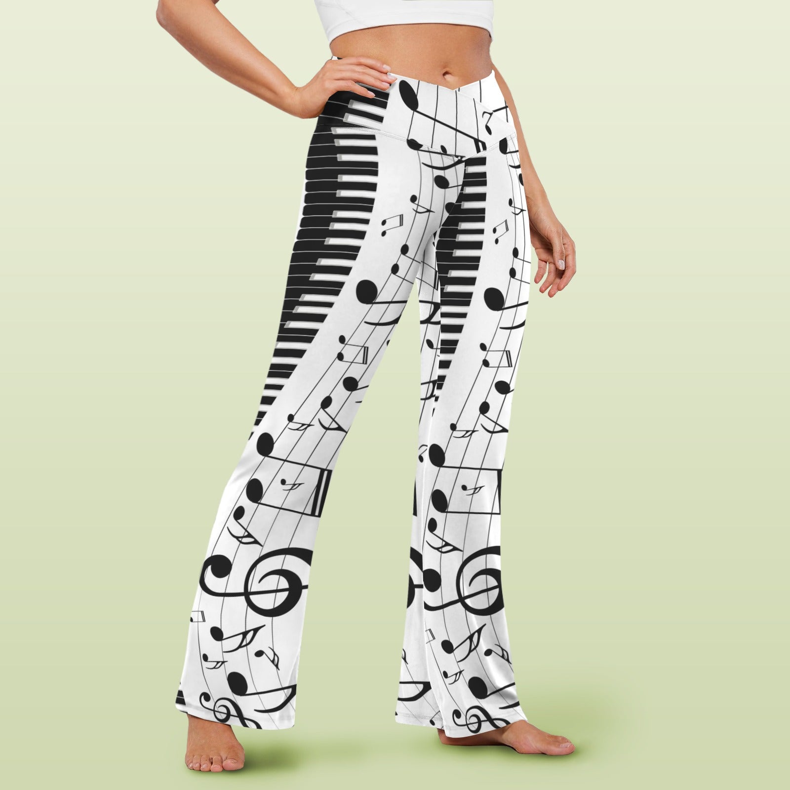 Music Piano Keys White Crossover High Waist Flare Leggings