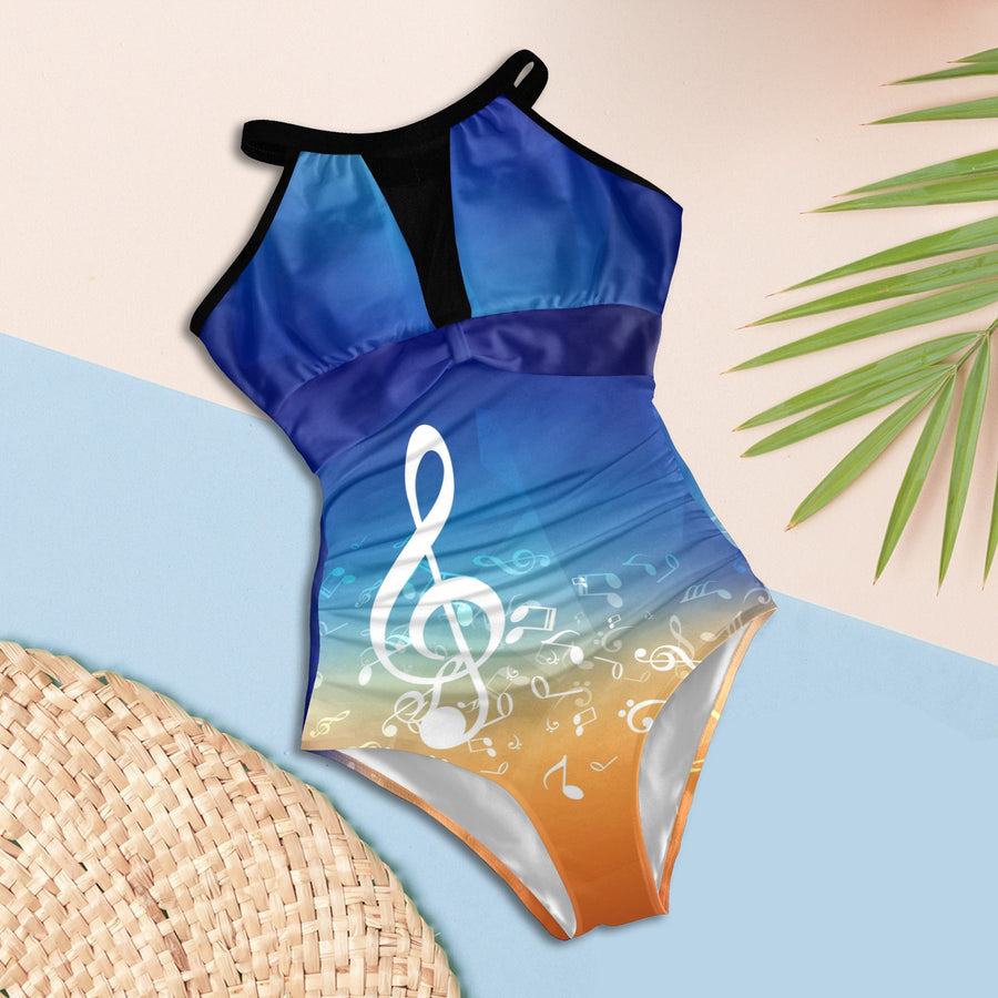 Big Treble Clef High Neck Mesh Ruched Swimsuit