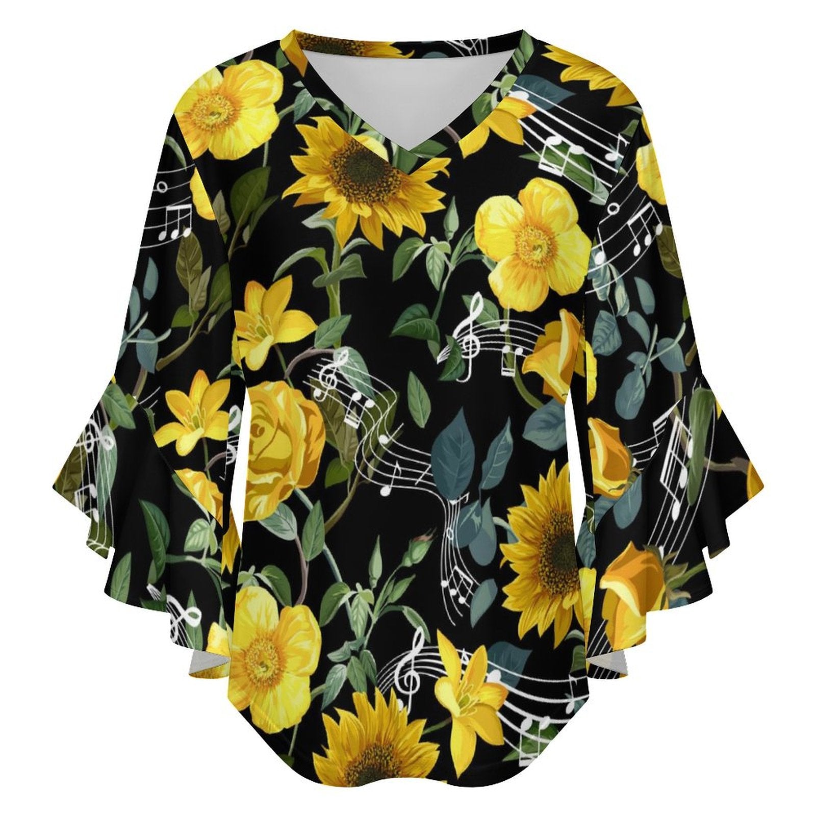 Music & Sunflowers Women's Ruffled Sleeve Blouse
