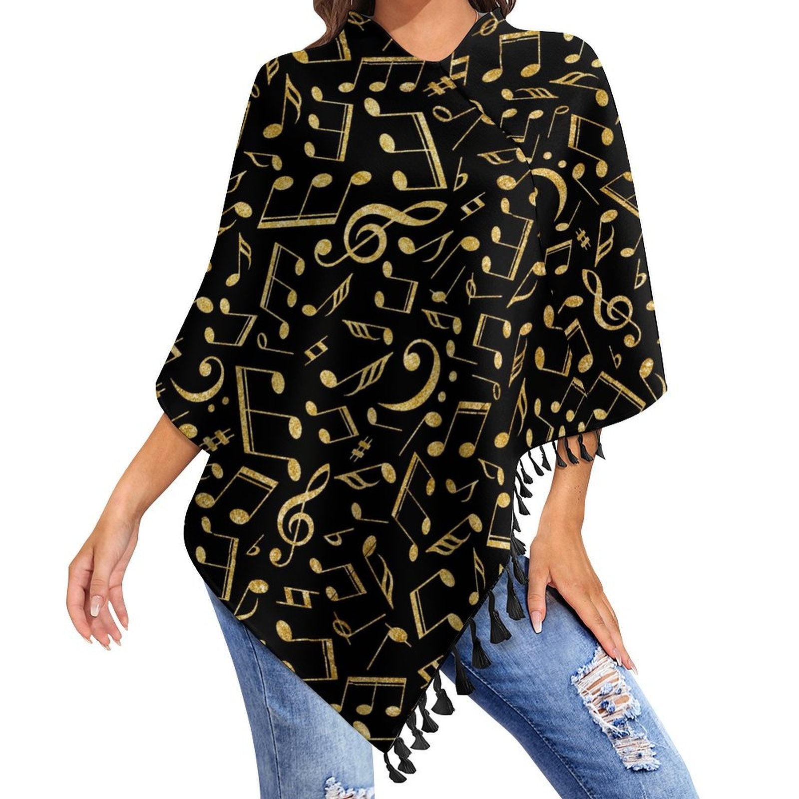 Gold & Black Music Print Fringed Cape