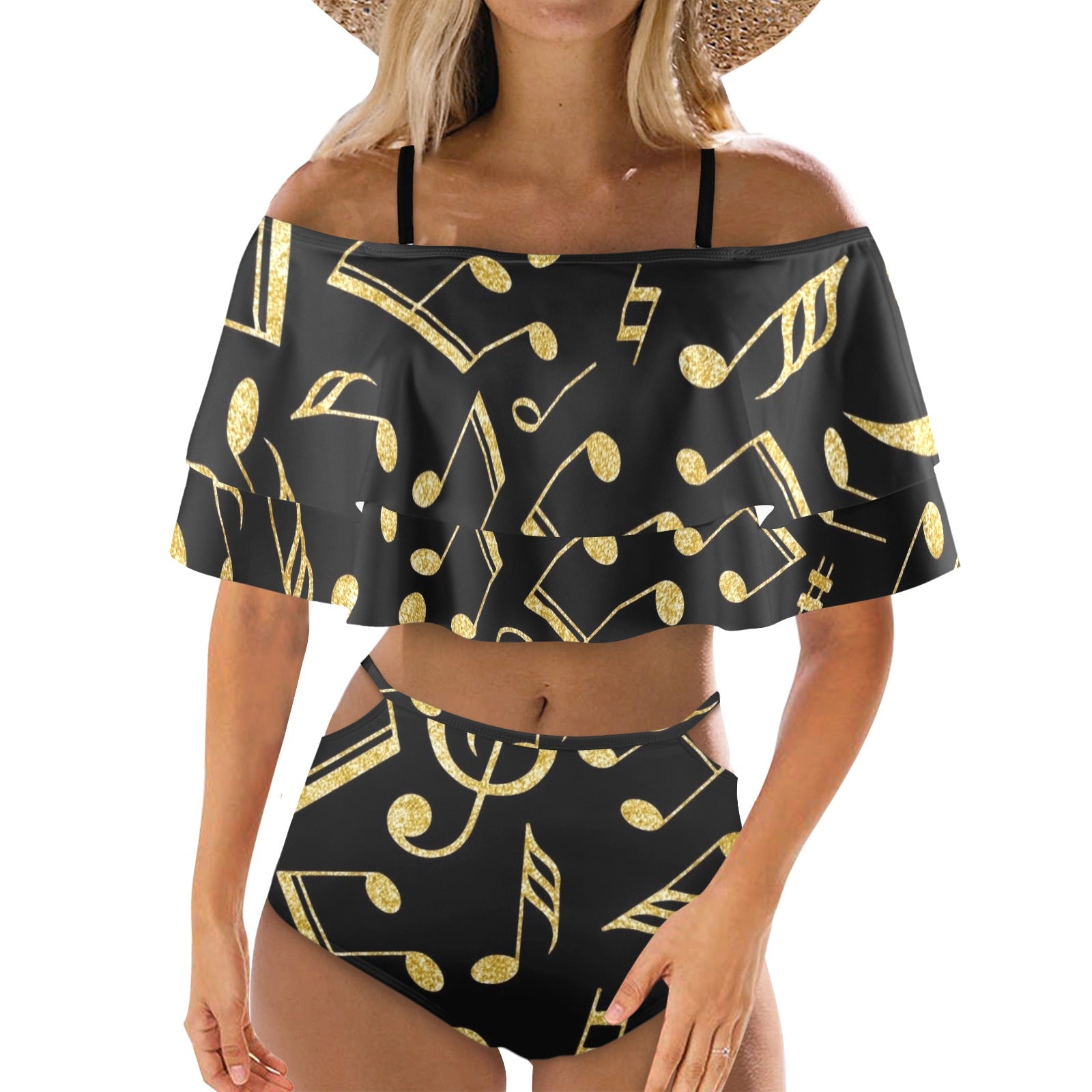 Golden Music Notes Ruffle Off Shoulder Bikini