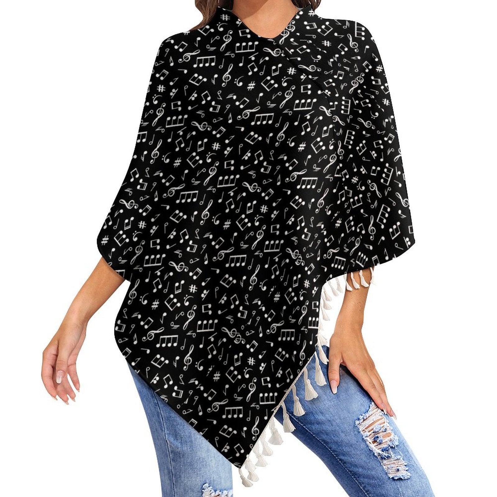 Classic Music Print Fringed Cape
