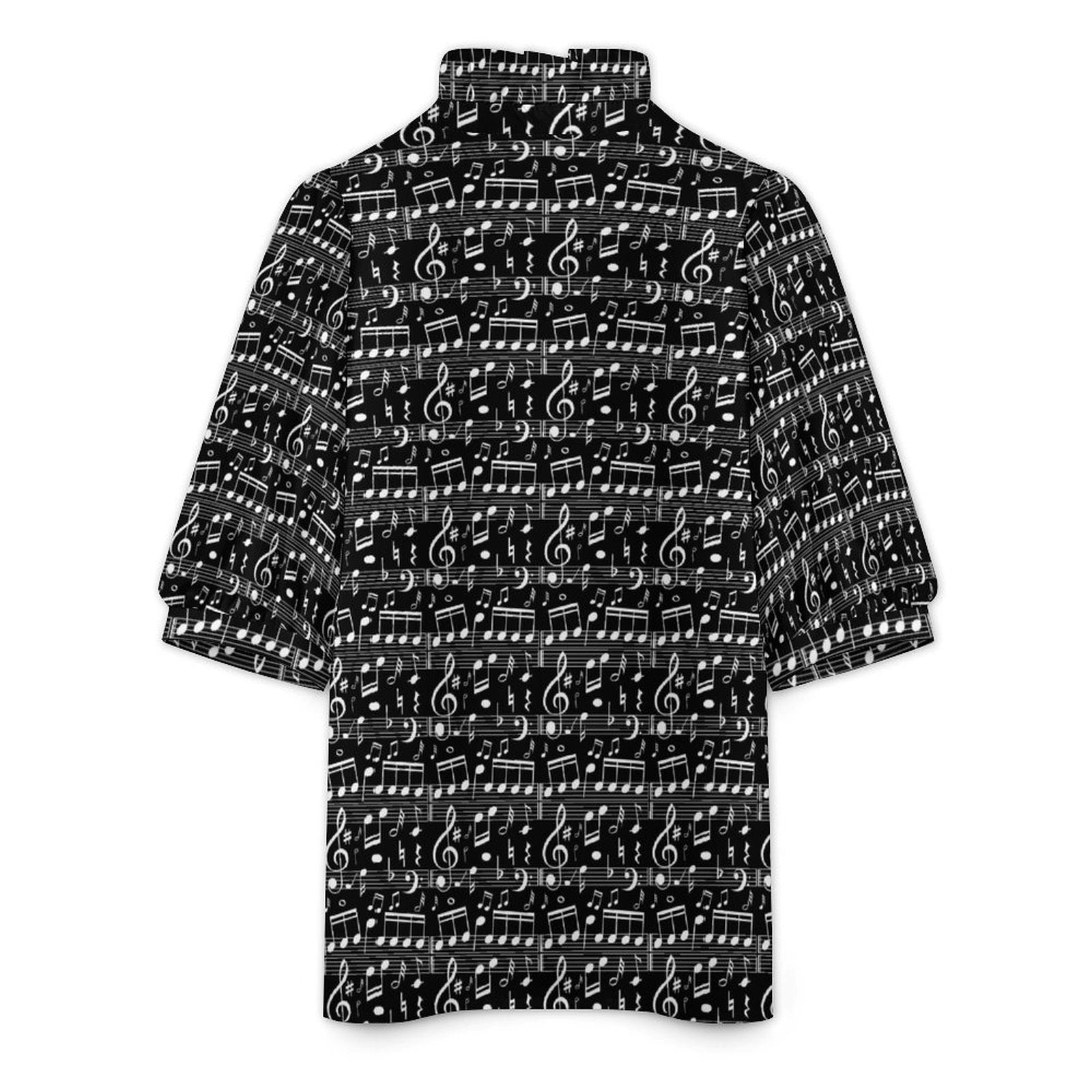 Music Pattern Black Ruffle Collar Blouse