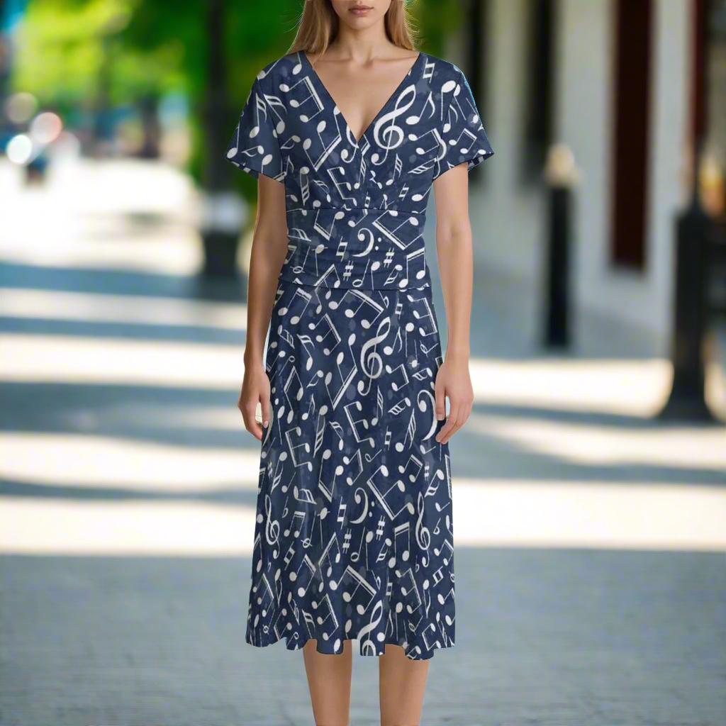 Music Pattern Blue V-Neck Midi Dress