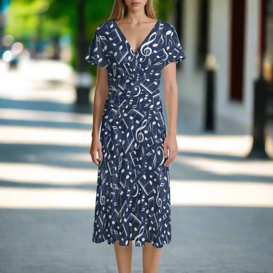 Music Pattern Blue V-Neck Midi Dress