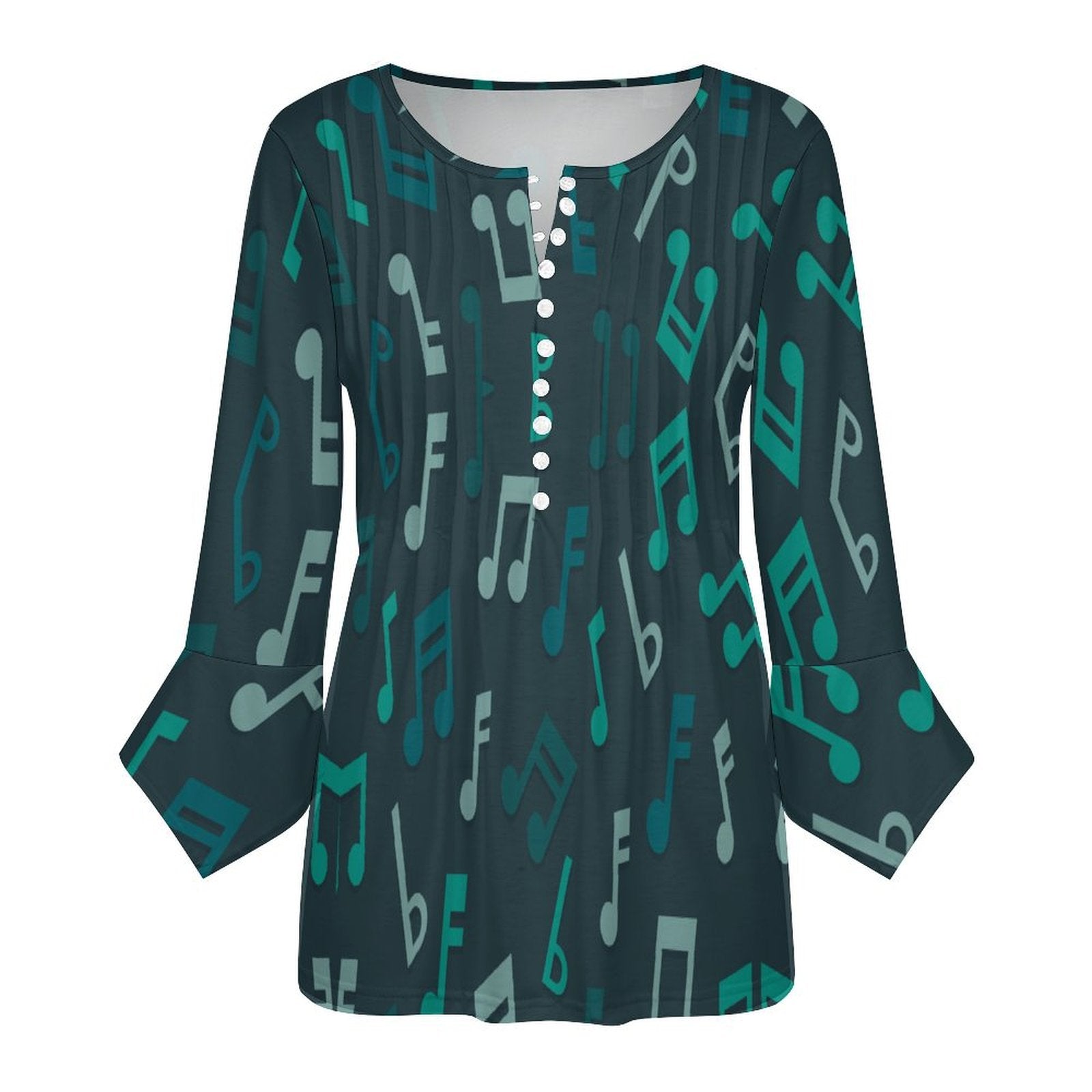 Green Music Button Up Ruffled Petal Sleeve Top