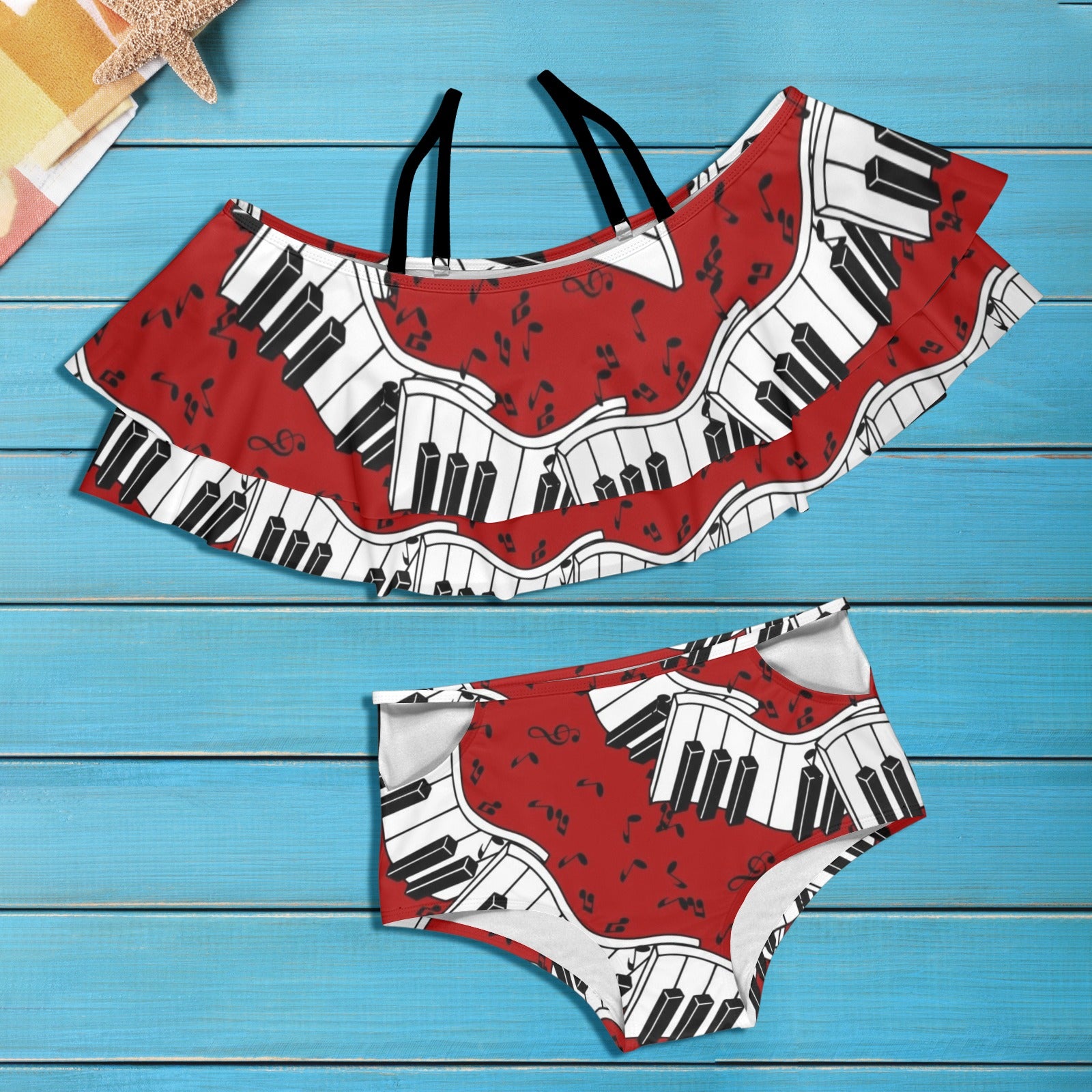 Red Spiral Piano Ruffle Off Shoulder Bikini