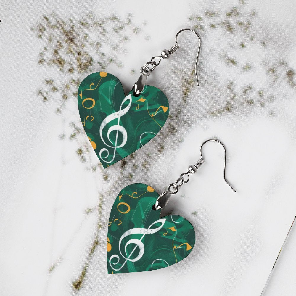 Music Green Heart Shape Wooden Earrings