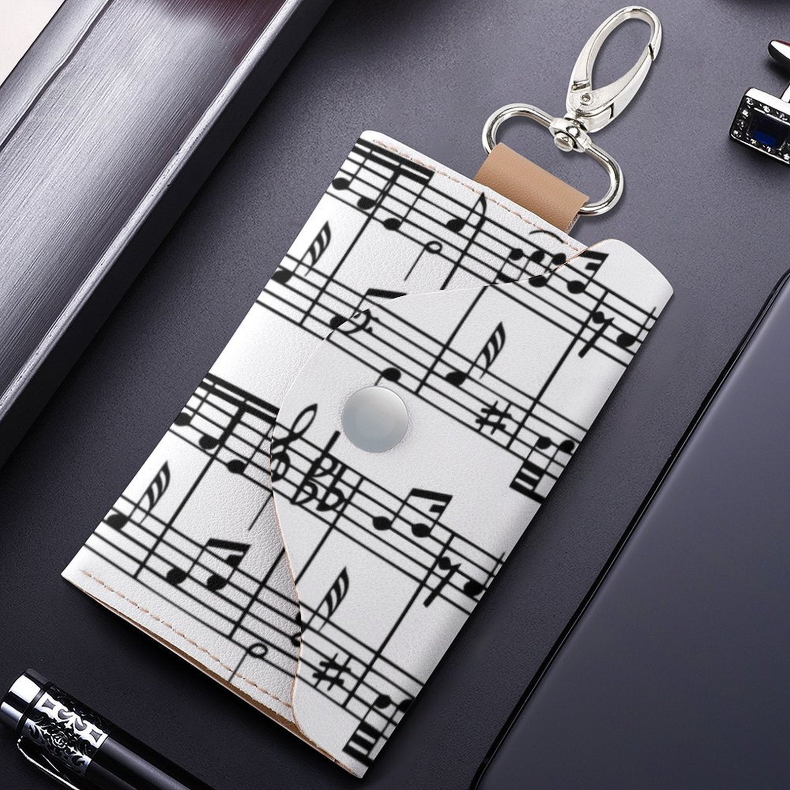 Music White Leather Key Bag