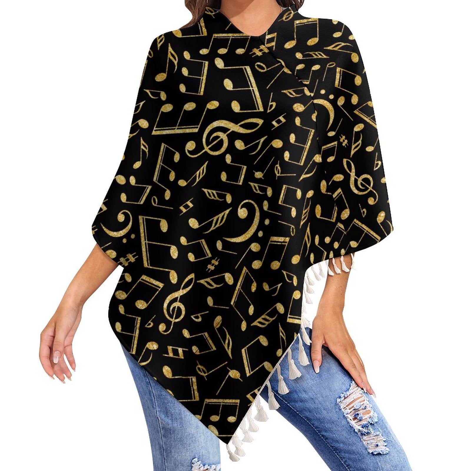 Gold & Black Music Print Fringed Cape
