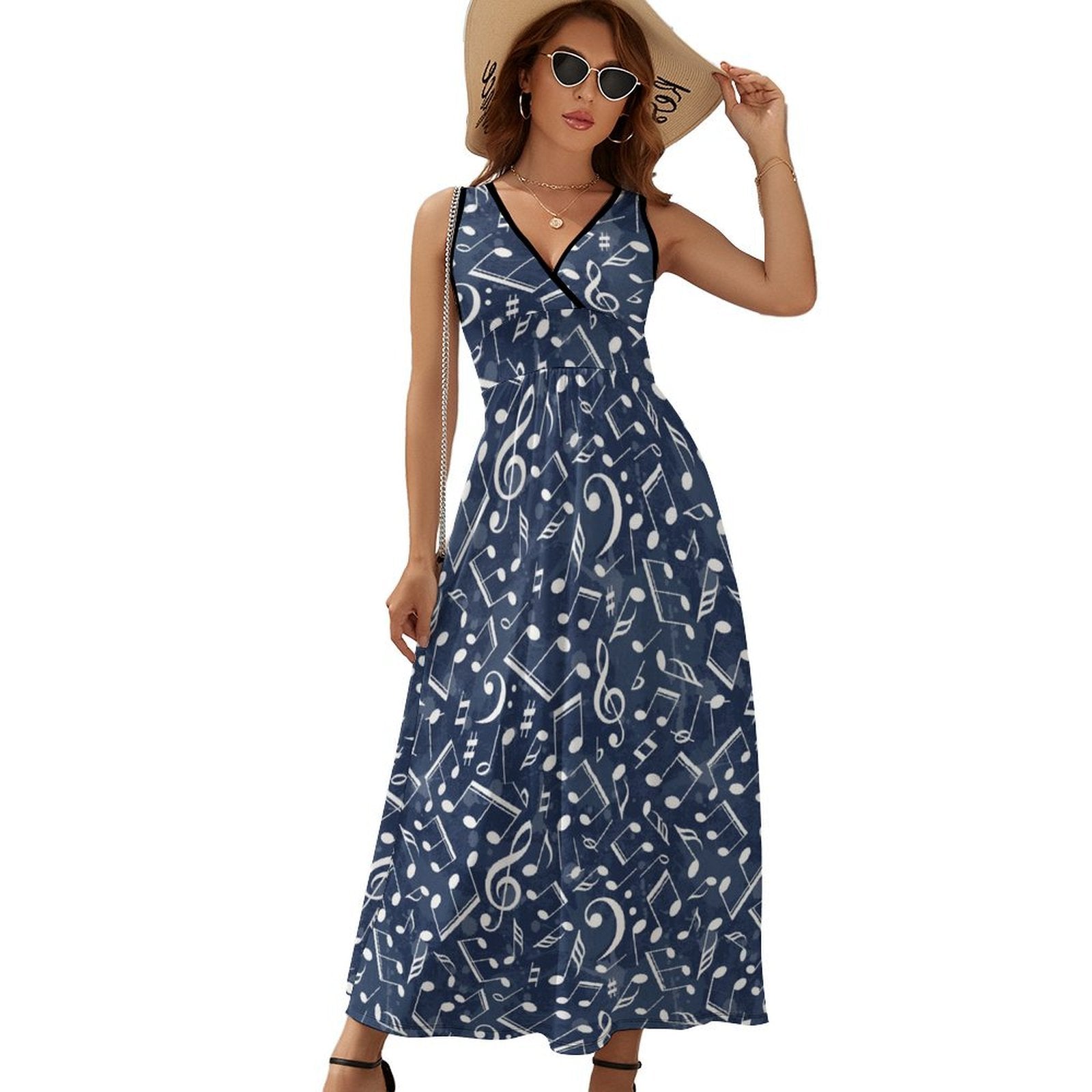 Music Notes Blue Sleeveless Long Dress