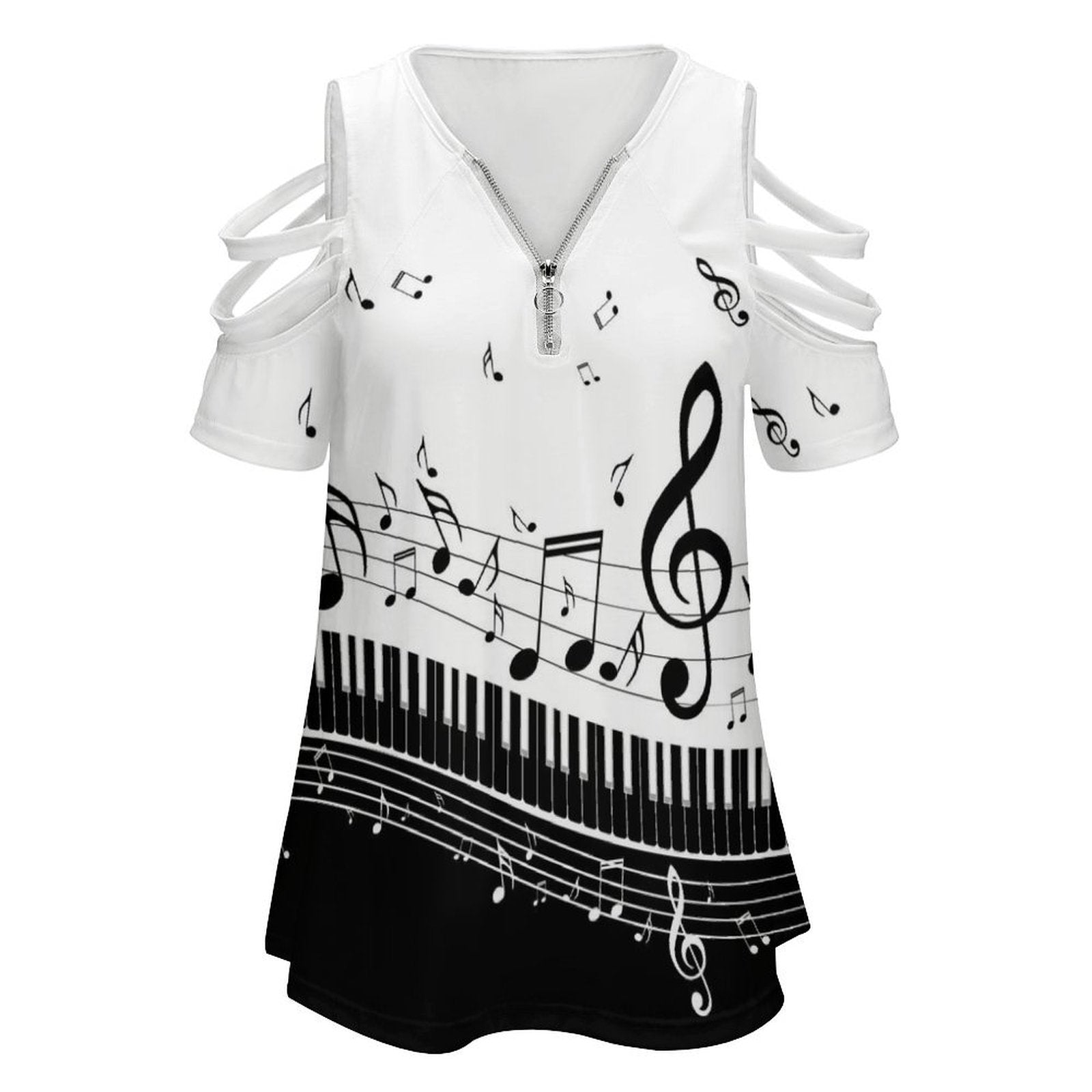 Piano White Zip V-Neck Off Shoulder Top