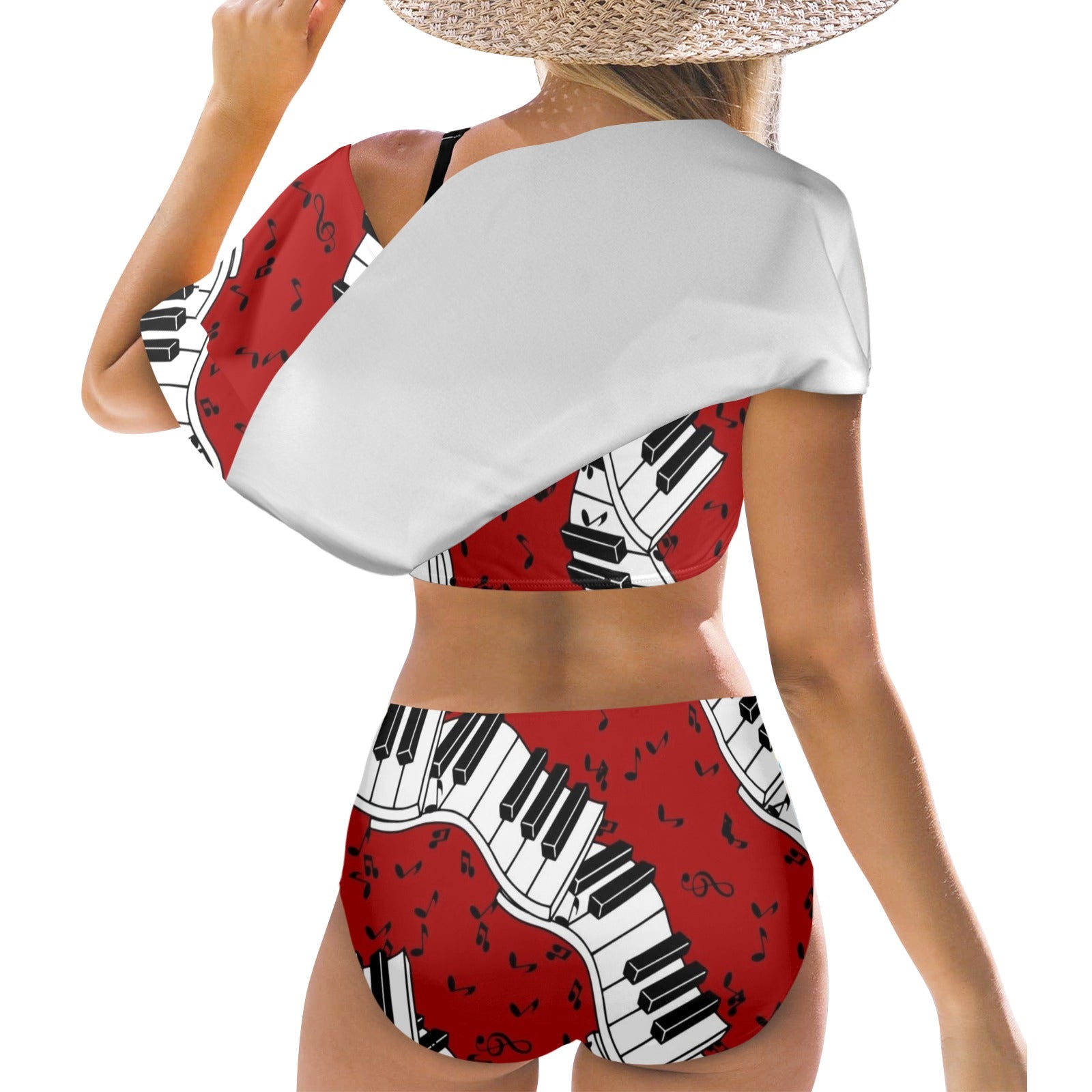 Red Spiral Piano Ruffle Off Shoulder Bikini