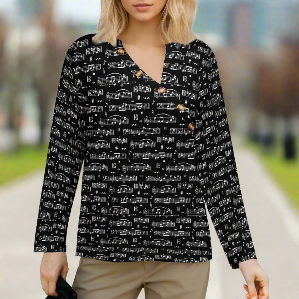 Music Pattern Asymmetrical Button-Up Shirt