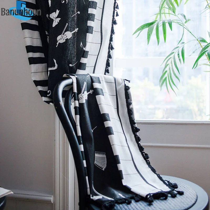 Black Tassels Piano Printed Curtain