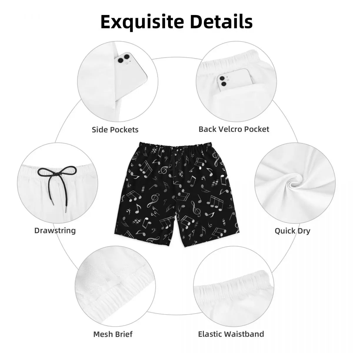Music Notes Black Breathable Shorts