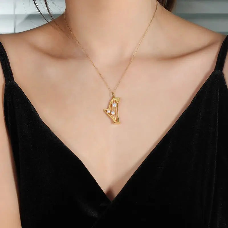 Luxury Pearl-like Harp Pendant Necklace