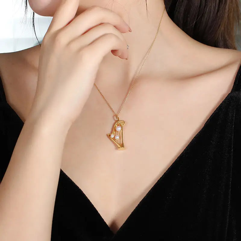 Luxury Pearl-like Harp Pendant Necklace