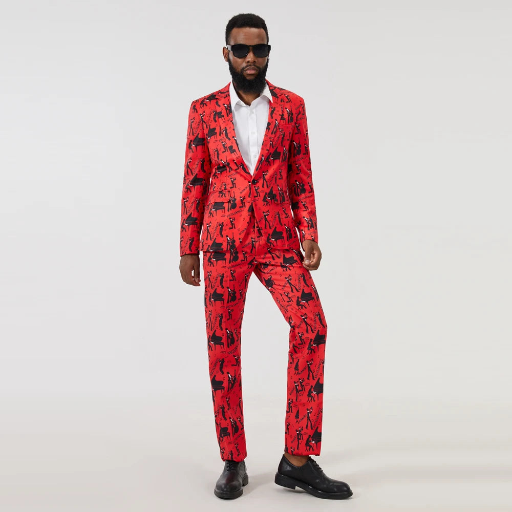 Red Piano Musician Printed Blazer Suit Set