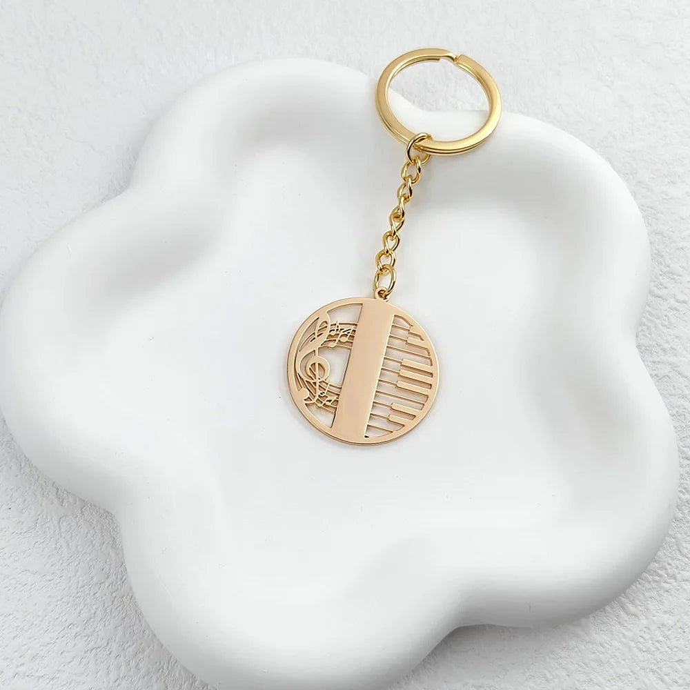 Music Piano Round Pendant Keychain