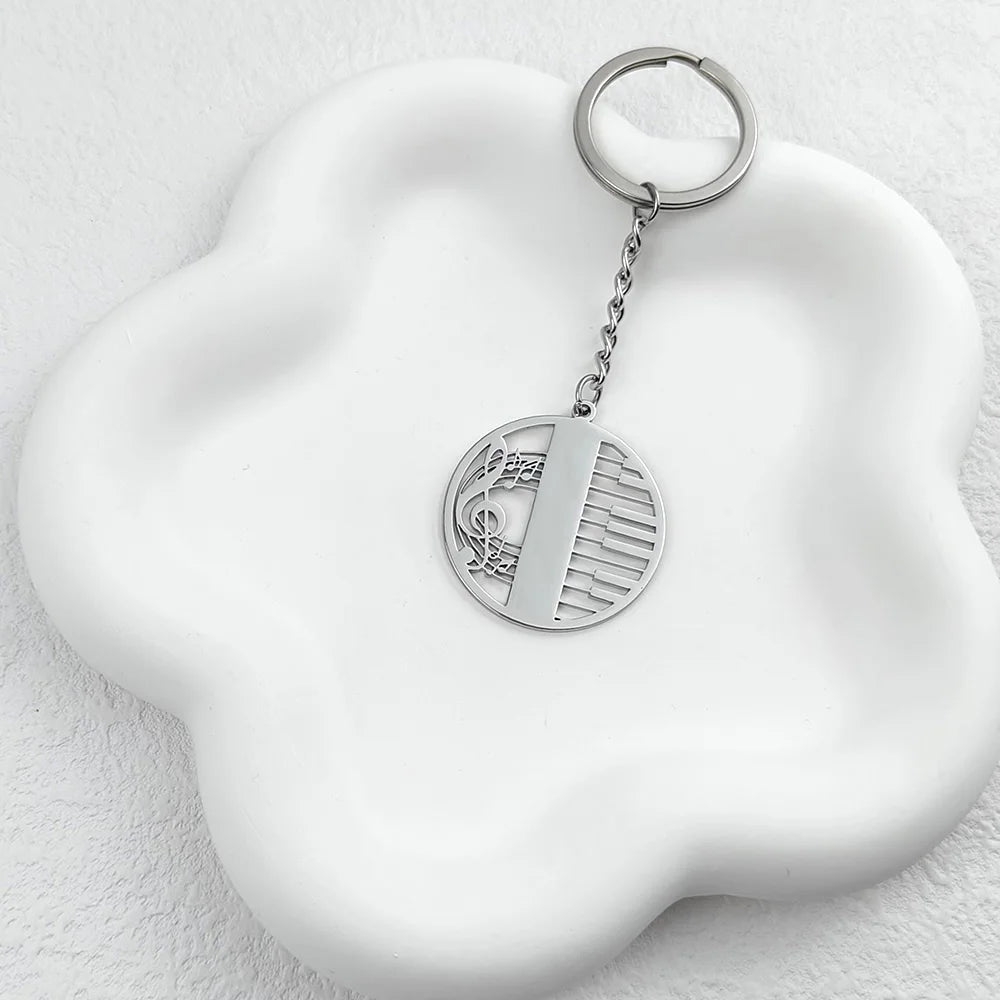 Music Piano Round Pendant Keychain