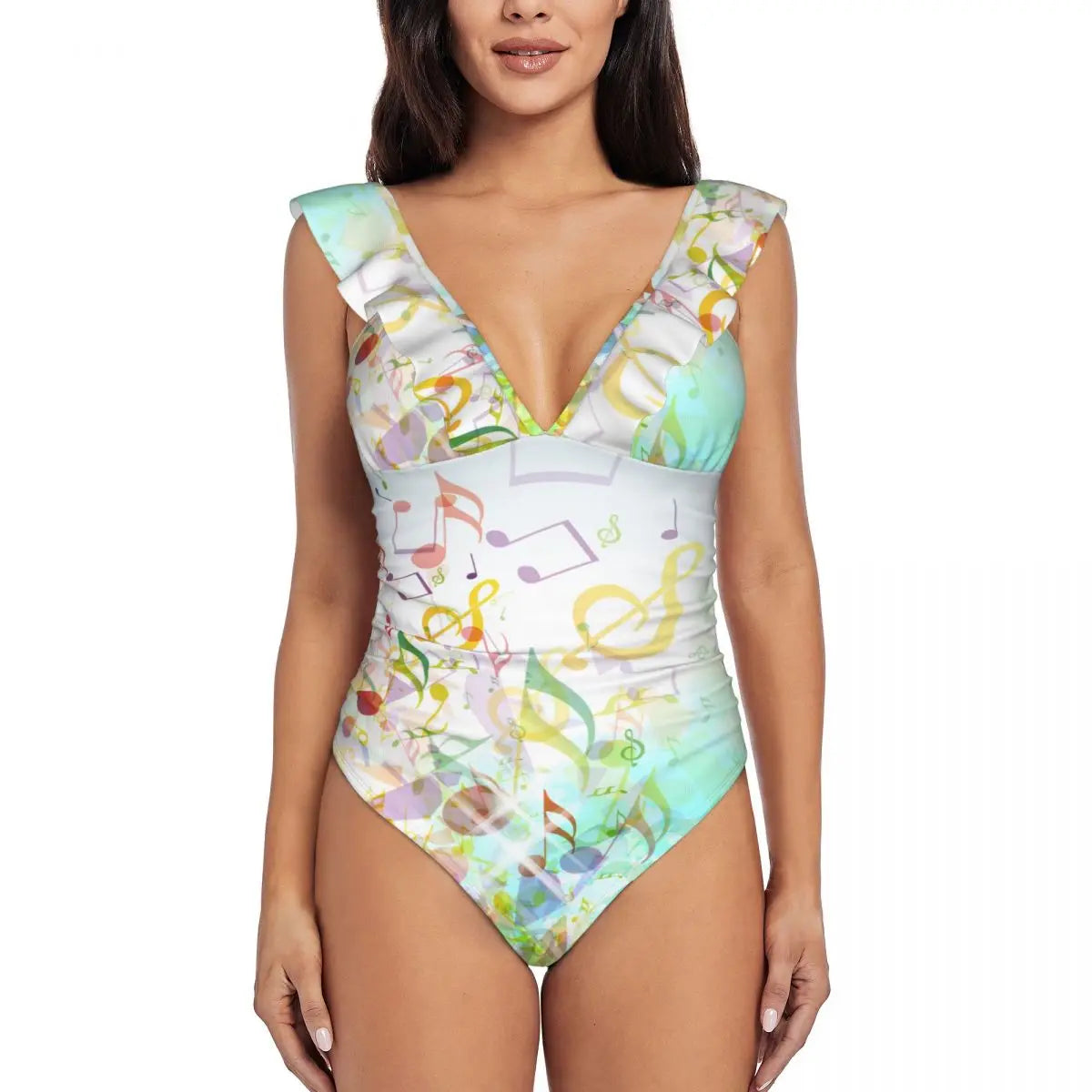 Music Pattern Ruffled One-piece Swimsuit
