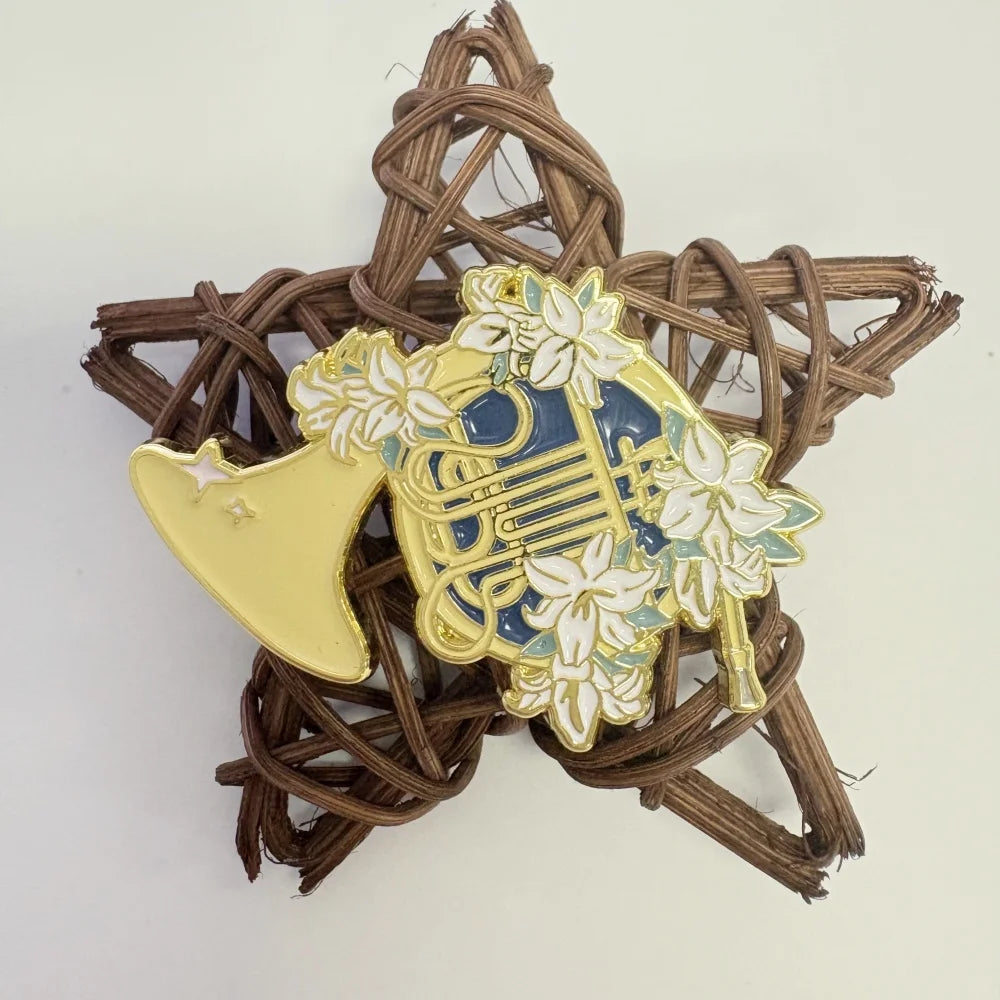 French Horn & Lily Metal Brooch