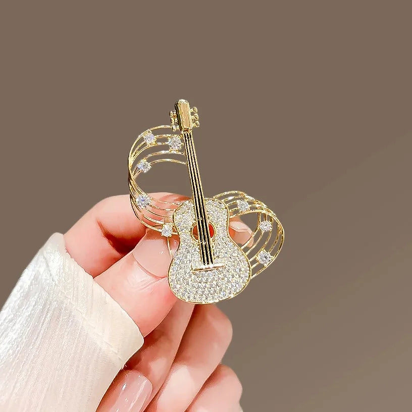Sparkling Guitar & Music Staff Brooch Pin