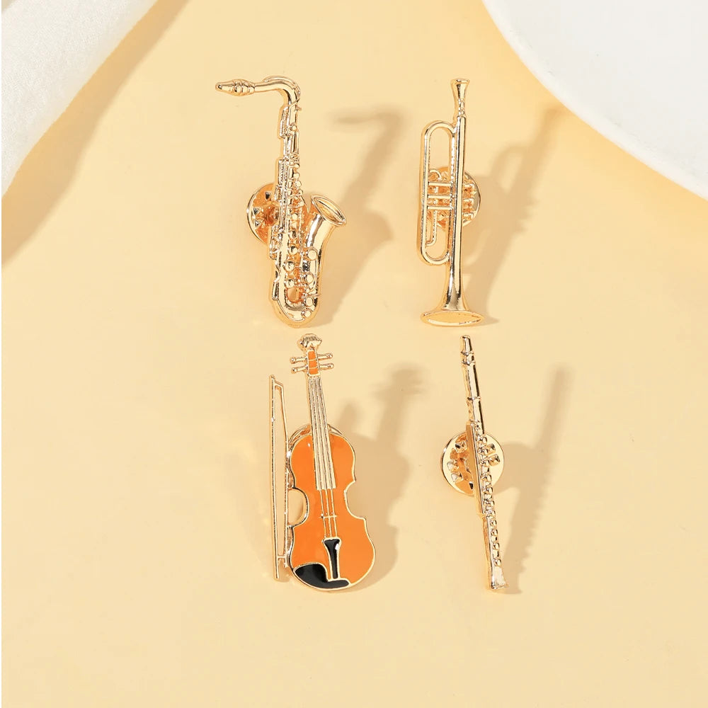Jazz Music Instrument Shaped Brooch Pin (Trumpet Flute Violin Saxophone)
