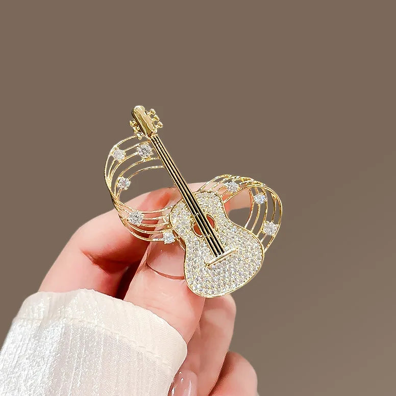 Sparkling Guitar & Music Staff Brooch Pin