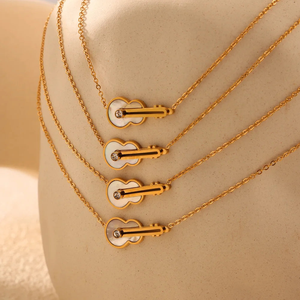 Music Guitar Shell Pendant Necklace