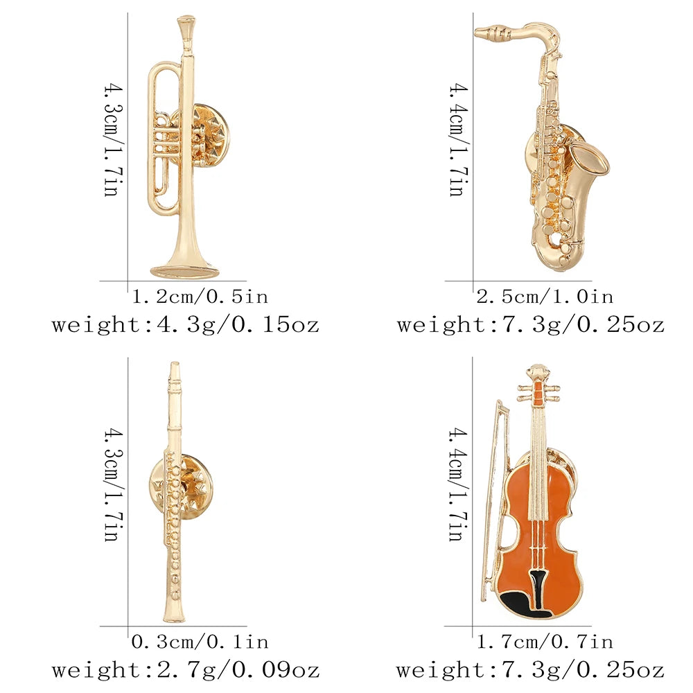 Jazz Music Instrument Shaped Brooch Pin (Trumpet Flute Violin Saxophone)