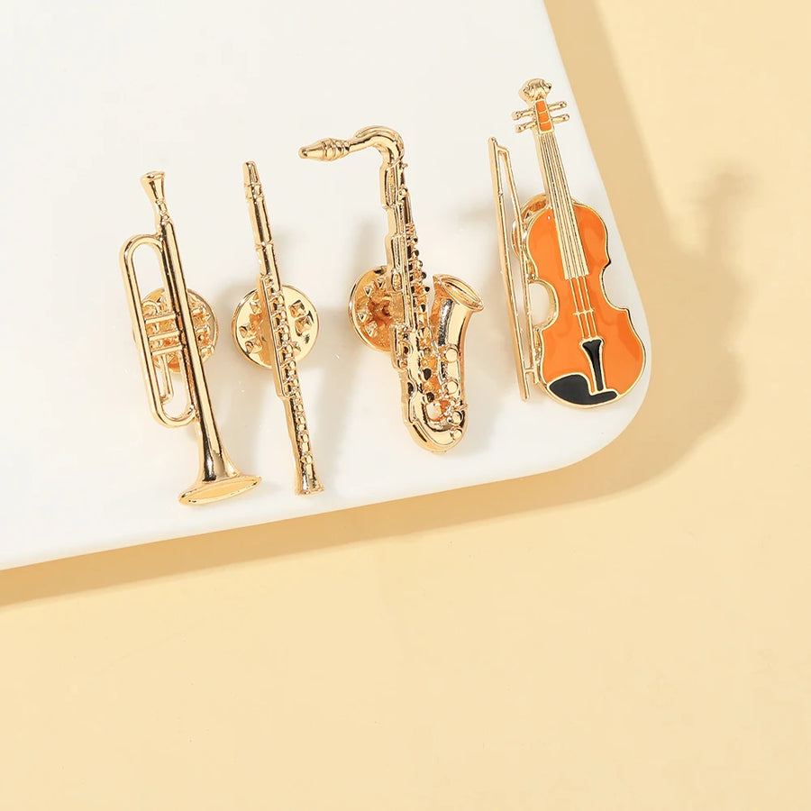 Jazz Music Instrument Shaped Brooch Pin (Trumpet Flute Violin Saxophone)