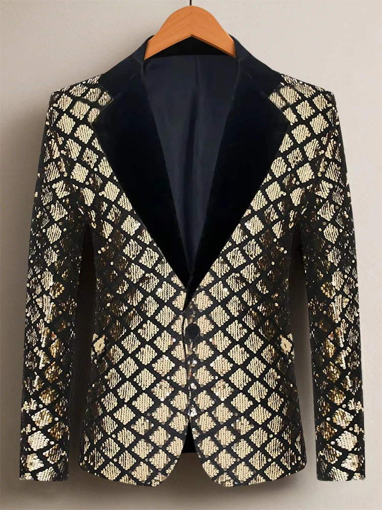 Luxurious Sequin Plaid Men's Suit Blazer