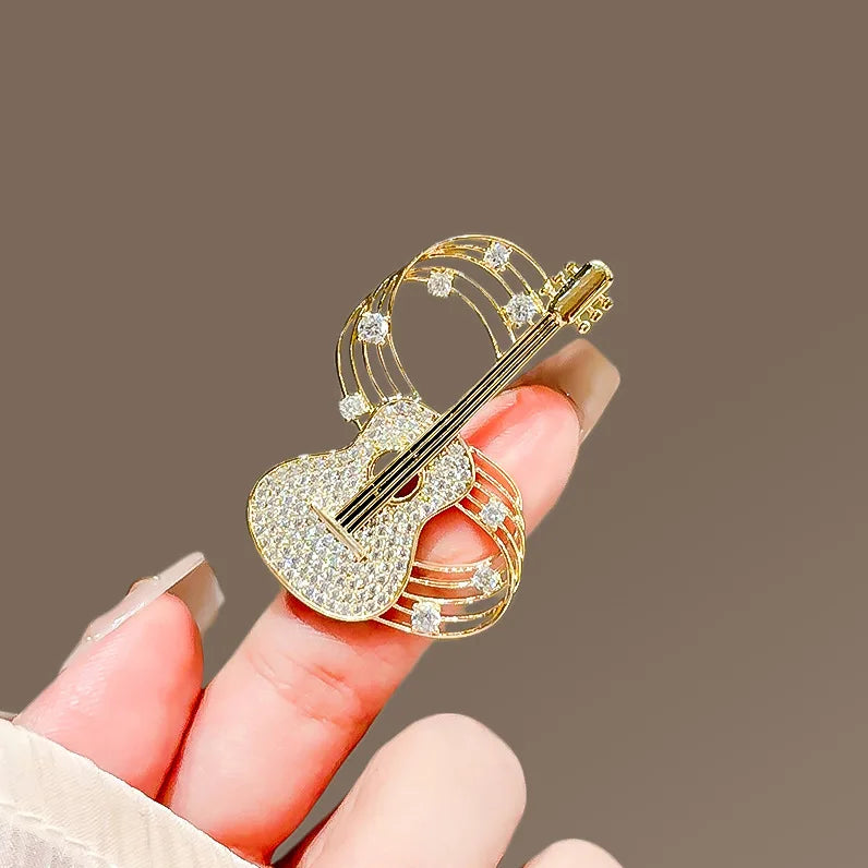 Sparkling Guitar & Music Staff Brooch Pin