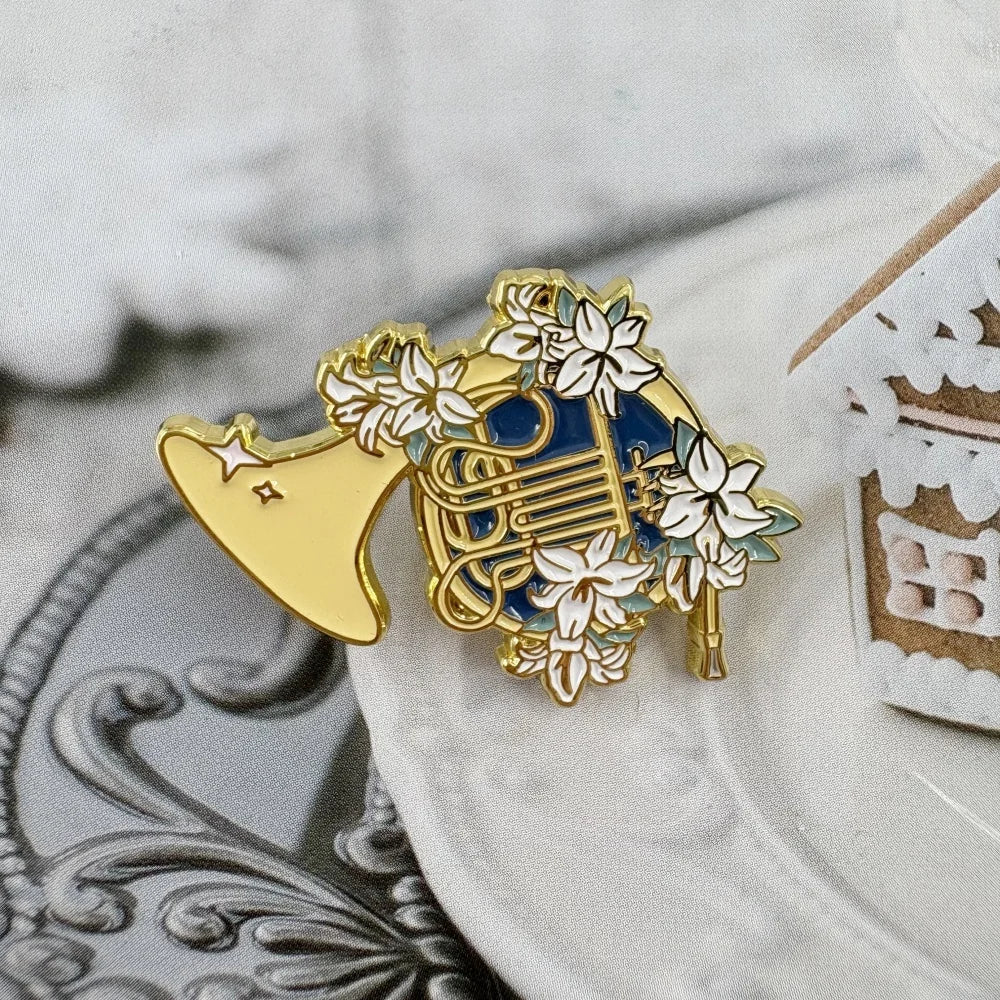 French Horn & Lily Metal Brooch