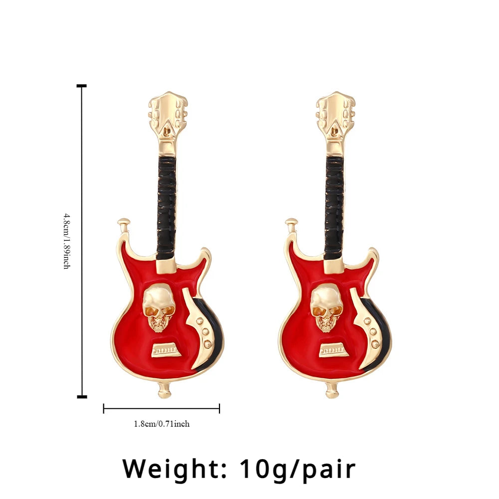 Metal Skull & Guitar Dangle Earrings