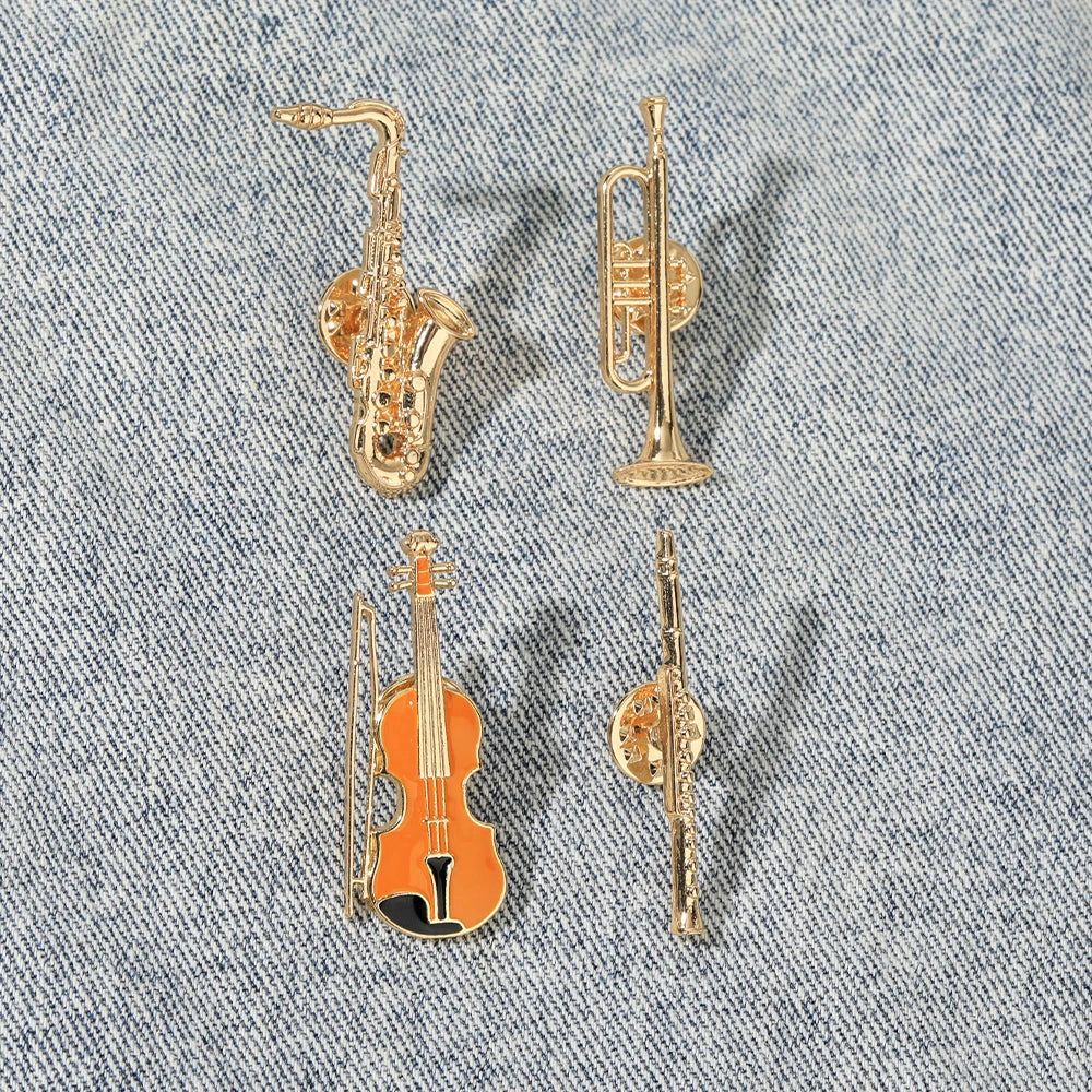 Jazz Music Instrument Shaped Brooch Pin (Trumpet Flute Violin Saxophone)