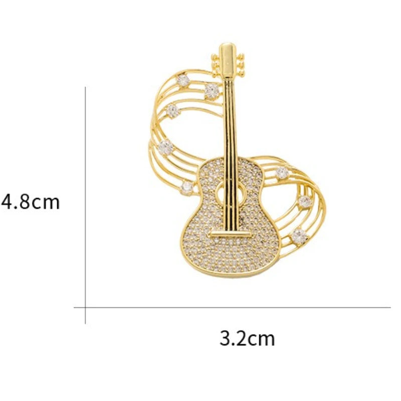 Sparkling Guitar & Music Staff Brooch Pin