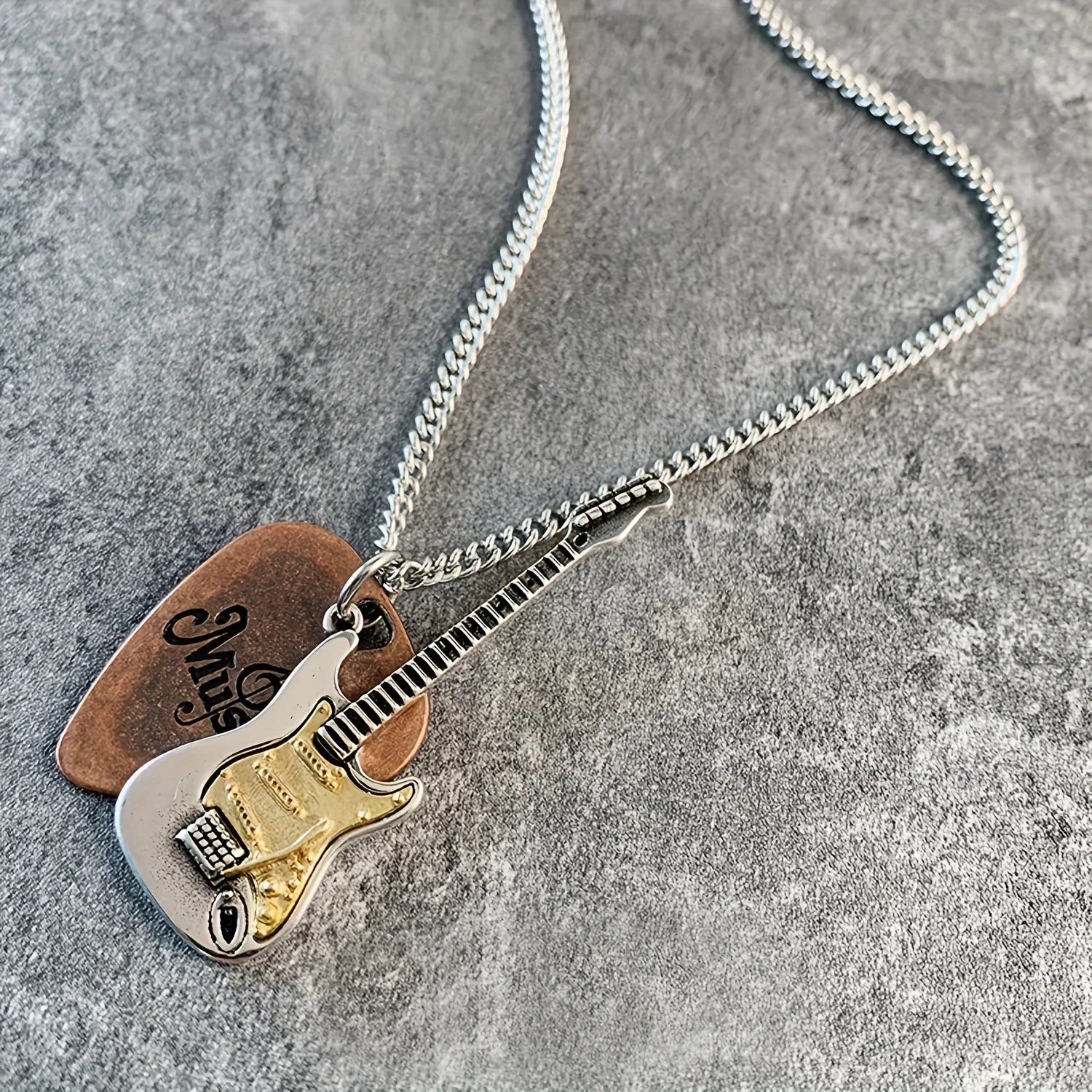 Vintage Guitar & Pick Pendant Necklace