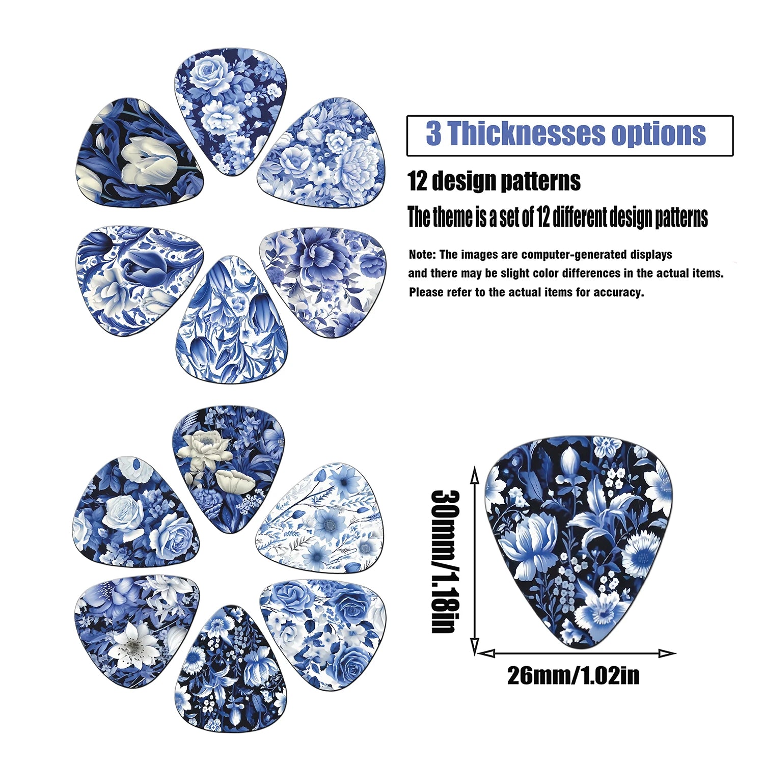 12pcs Blue & White Floral Porcelain Style Guitar Pick Set