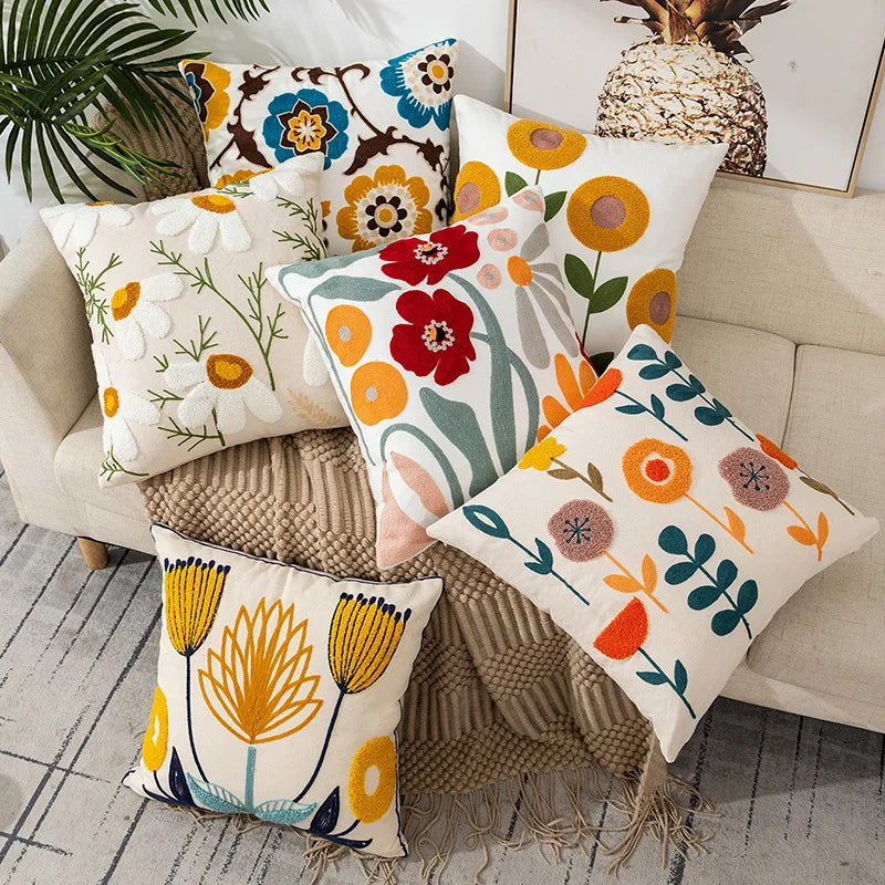 Embroidered Flowers Throw Pillow Cover