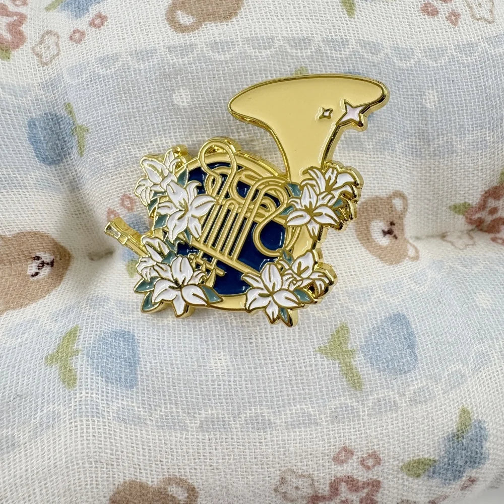 French Horn & Lily Metal Brooch