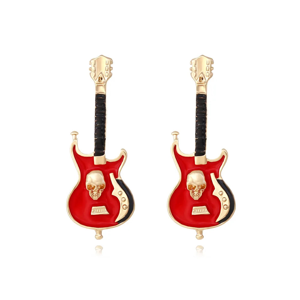 Metal Skull & Guitar Dangle Earrings