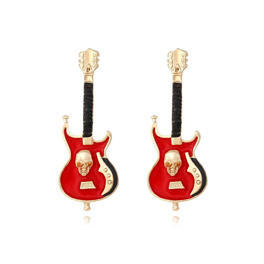 Metal Skull & Guitar Dangle Earrings
