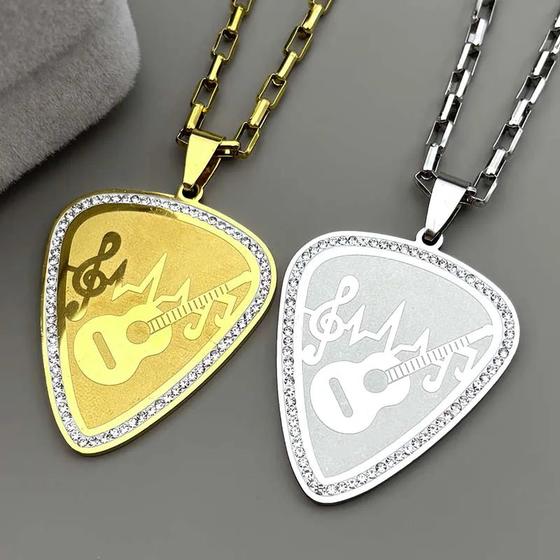 Rhinestone Guitar Pick Music Necklace