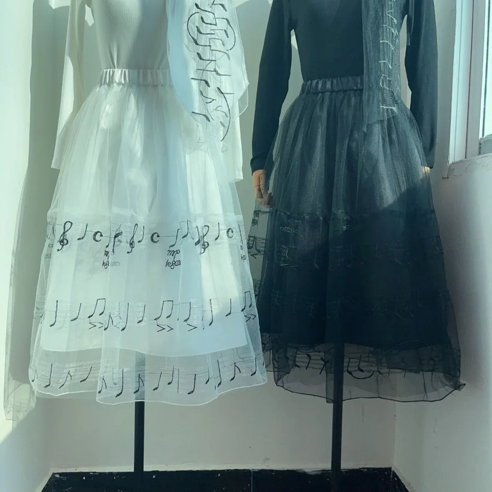 Music Notes Embroidery Mesh Skirt