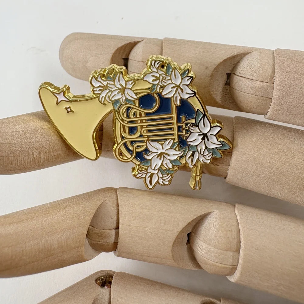 French Horn & Lily Metal Brooch